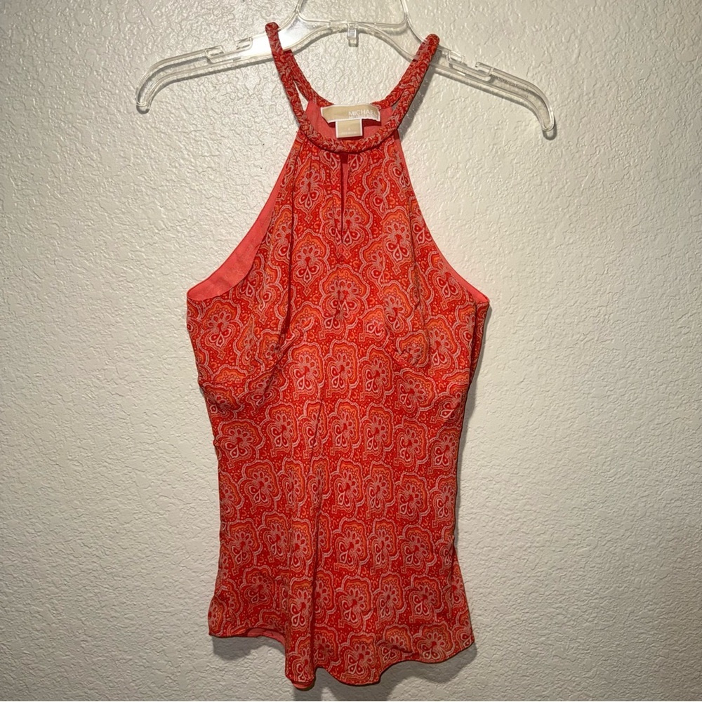 Michael Kors 100% Silk Halter Top Women’s 4 Coral Paisley Boho Resort Chic